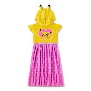 🆕 NWT Girls 6 (s) Yellow and Pink neon Pikachu Nighgown with hood